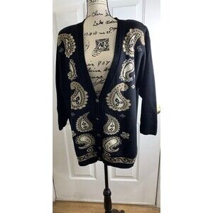 Alfred Dunner Cardigan Sweater 3X Button Up Black Paisley Made In USA